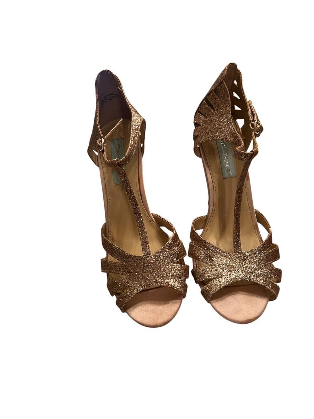 Blue Betsey Johnson Women's 8 Sparkle Champagne T-Strap Stiletto Sandal Heels